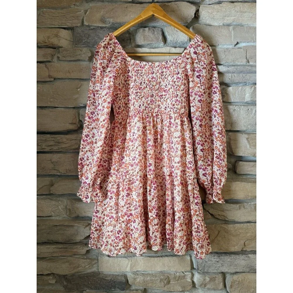 Lush Pink And Orange Floral Smocked Puff Sleeve Dress Size S - Picture 2 of 9